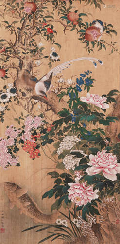 A CHINESE FLOWER PAINTING, INK AND COLOR ON SILK, HANGING SC...