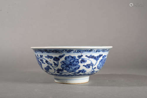 A BLUE AND WHITE SANSKRIT BOWL