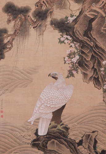 A CHINESE EAGLE PAINTING, INK AND COLOR ON SILK, HANGING SCR...