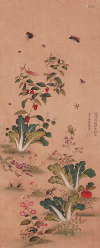 A CHINESE INSECT PAINTING, INK AND COLOR ON SILK, HANGING SC...