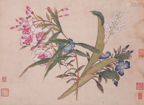 A CHINESE FLOWER PAINTING, INK AND COLOR ON PAPER, MOUNTED, ...