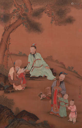 A CHINESE FIGURE PAINTING, INK AND COLOR ON SILK, HANGING SC...
