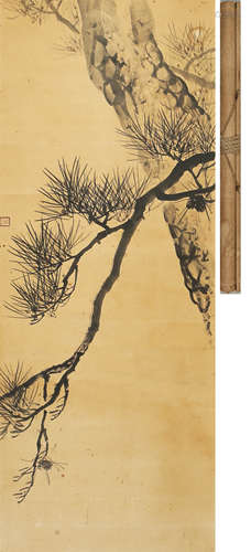 A CHINESE PINE PAINTING, INK AND COLOR ON PAPER, HANGING SCR...