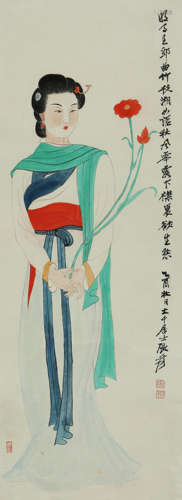 A CHINESE LADY PAINTING, INK AND COLOR ON PAPER, HANGING SCR...