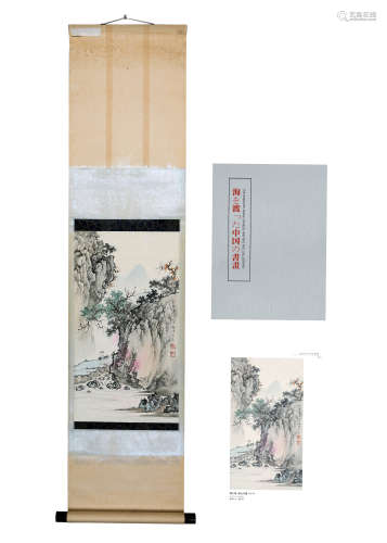 A CHINESE LANDSCAPE PAINTING, INK AND COLOR ON PAPER, MOUNTE...