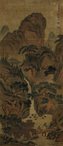 A CHINESE LANDSCAPE PAINTING, INK AND COLOR ON SILK, HANGING...