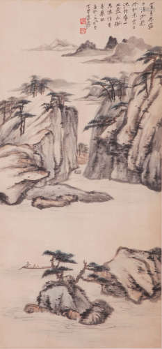 A CHINESE LANDSCAPE PAINTING, INK ON PAPER, HANGING SCROLL, ...