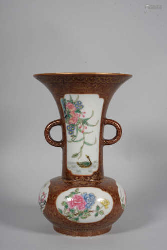 A PERSIMMON-GLAZED FLOWER AND BUTTERFLY VASE
