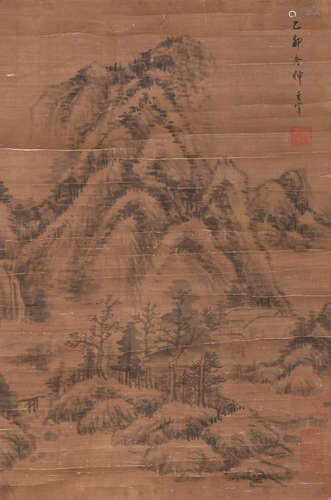 A CHINESE LANDSCAPE PAINTING, INK ON PAPER, MOUNTED, DONG QI...