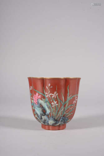 A CORAL-RED-GROUND FLORAL CUP