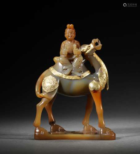 AGATE SILVER-INLAID FIGURE RIDING HORSE