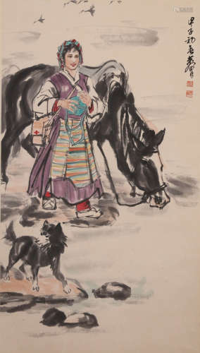 CHINESE FIGURE PAINTING, INK AND COLOR ON PAPER,  HUANG ZHOU