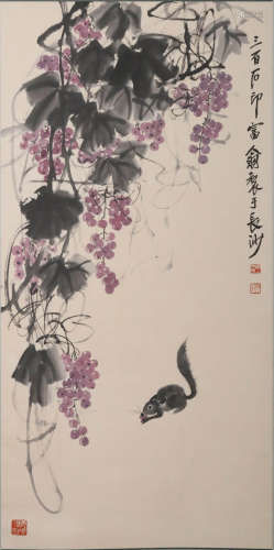 CHINESE GRAPE PAINTING, INK AND COLOR ON PAPER,  QI BAISHI