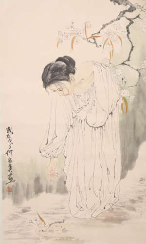 CHINESE LADY PAINTING ON PAPER, HE JIAYING