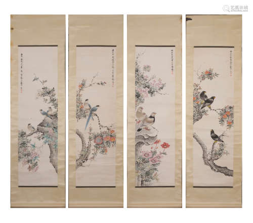 A SET OF FOUR CHINESE FLOWER AND BIRD PAINTINGS, INK AND COL...