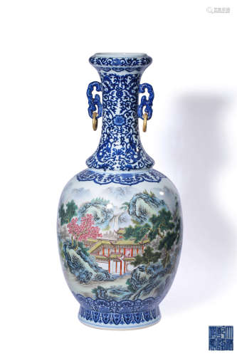A BLUE AND WHITE FAMILLE-ROSE VASE,MARK AND PERIOD OF QIANLO...