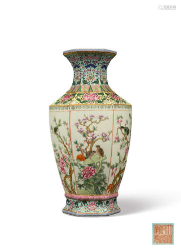 A FAMILLE-ROSE‘FLOWER AND BIRD’VASE,MARK AND PERIOD OF QIANL...