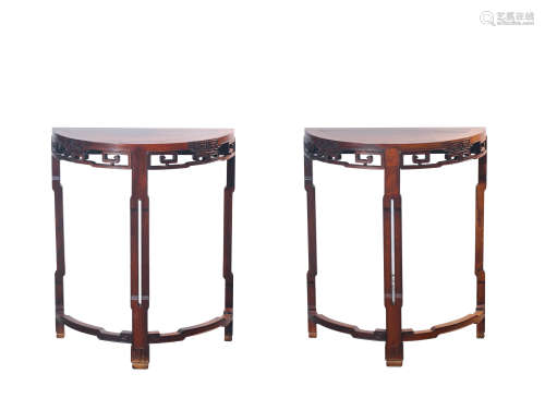 A PAIR OF HONGMU DEMILUNE TABLES,QING DYNASTY