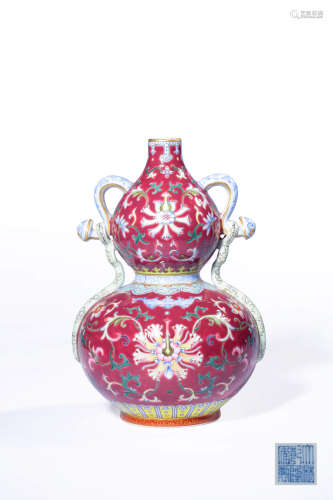 A RUBY-GROUND FAMILLE-ROSE‘FLOWER’DOUBLE-GOURD VASE,MARK AND...