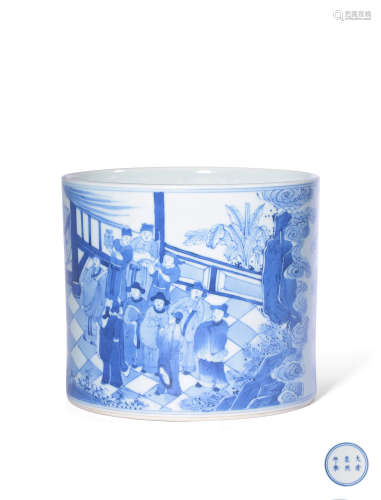 A BLUE AND WHITE ‘FIGURE’BRUSHPOT,MARK AND PERIOD OF KANGXI