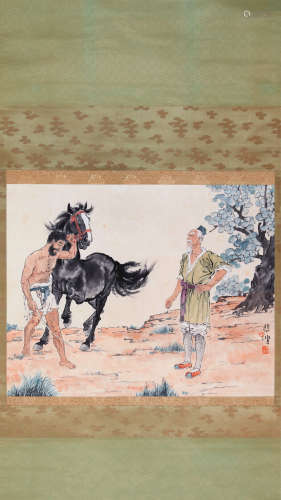 A CHINSE HORSE PAINTING ON PAPER, HANGING SCROLL, XU BEIHONG...
