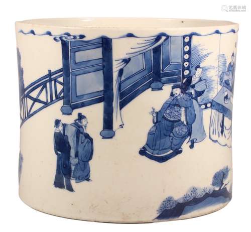 A BLUE AND WHITE FIGURES RIDING HORSES BRUSH POT