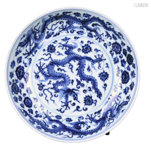 A BLUE AND WHITE DRAGON PLATE