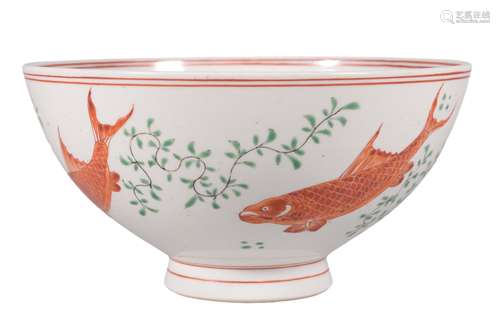 A RED AND GREEN ENAMEL FISH BOWL