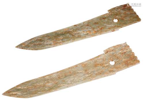 A PAIR OF JADE BLADE-FORM PENDANTS