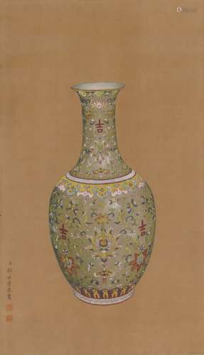 A CHINSE VASE PAINTING ON PAPER, HANGING SCROLL, LANG SHININ...