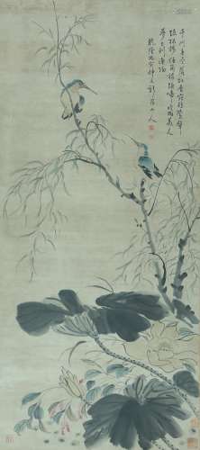 A CHINESE FLOWER AND BIRD PAINTING ON PAPER, HANGING SCROLL,...