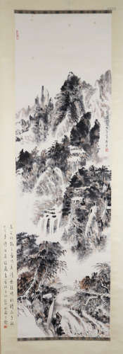 A CHINSE LANDSCAPE PAINTING ON PAPER, HANGING SCROLL, WU SAN...