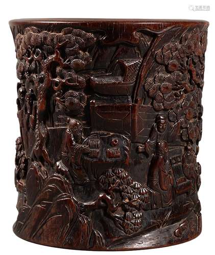 A SANDALWOOD CARVED FIGURES UNDER THE PINE BRUSH POT