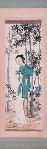 A CHINSE FIGURE PAINTING ON PAPER, HANGING SCROLL, XU BEIHON...