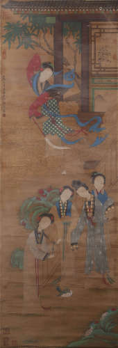 A CHINESE FIGURES PAINTING SCROLL, TANG YIN MARK