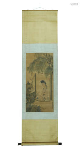 A CHINESE LADY PAINTING, INK AND COLOR ON SILK, HANGING SCRO...