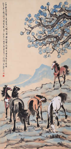 A CHINSE HORSE PAINTING ON PAPER, HANGING SCROLL, XU BEIHONG...