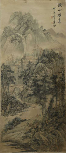 A CHINSE LANDSCAPE AND FIGURE PAINTING ON PAPER, HANGING SCR...