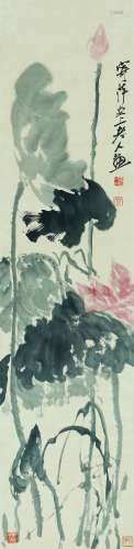 A CHINESE LOTUS PAINTING ON PAPER, HANGING SCROLL, QI BAISHI...