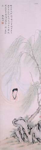 A CHINESE LADY PAINTING ON PAPER, HANGING SCROLL, YU MING MA...