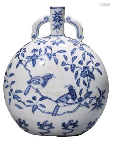 A BLUE AND WHITE MAGPIE AND PRUNUS MOONFLASK