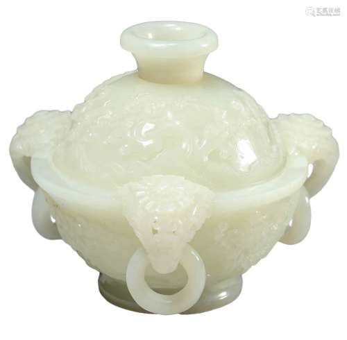 A JADE CARVED THREE DURABLE PLANTS OF WINTER CENSER AND COVE...