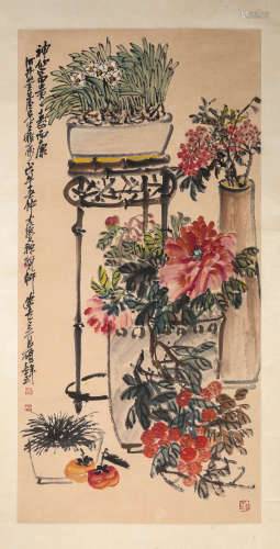 A CHINSE FLOWER PAINTING ON PAPER, HANGING SCROLL, WU CHANGS...