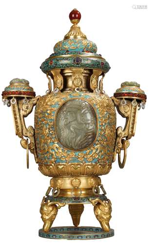 A GILT-COPPER JADE INLAID DING-FORM CENSER