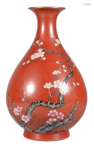 A CORAL-RED GROUND FAMILLE ROSE PLUM BLOSSOM VASE, YUHUCHUNP...