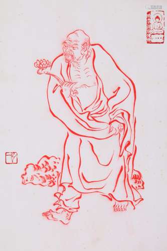 A CHINESE BUDDHA PAINTING ON PAPER, MOUNTED, HONG YI MARK