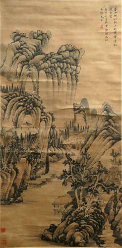 A CHINSE LANDSCAPE PAINTING ON PAPER, HANGING SCROLL, YU CHE...