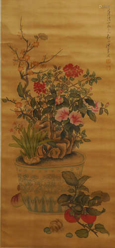 A CHINSE FLOWER PAINTING ON PAPER, HANGING SCROLL, CHEN SHU ...