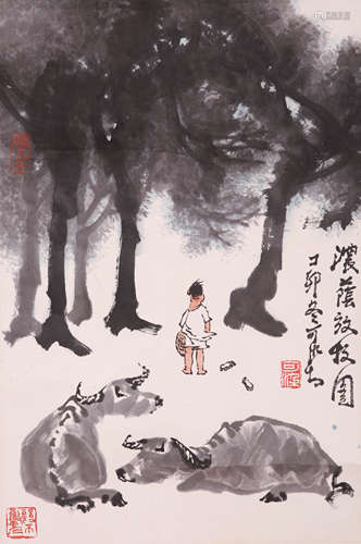 A CHINESE FIGURE PAINTING ON PAPER, MOUNTED, LI KERAN MARK