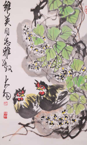 A CHINESE ROOSTER PAINTING ON PAPER, HANGING SCROLL, CHEN DA...